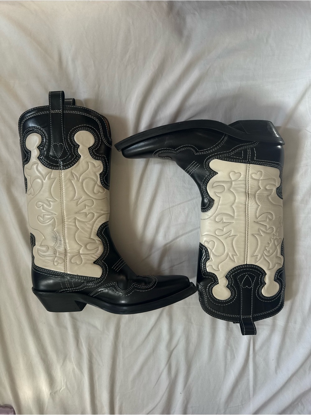 GANNI Black & Cream Two-Tone Leather Western Cowboy Boots EU 39